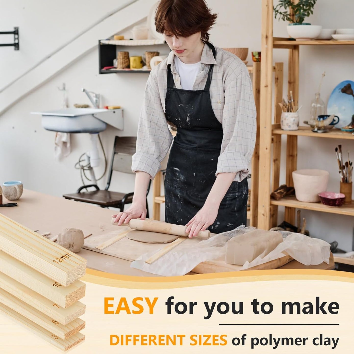 Sasylvia 10 Pcs Pottery Rolling Pin Guides Wood Teaching Rolling Mud Stick Guide Set Polymer Clay Depth Guide Pottery Tools Clay Mudboard Tools (5 Size,Wood Color)