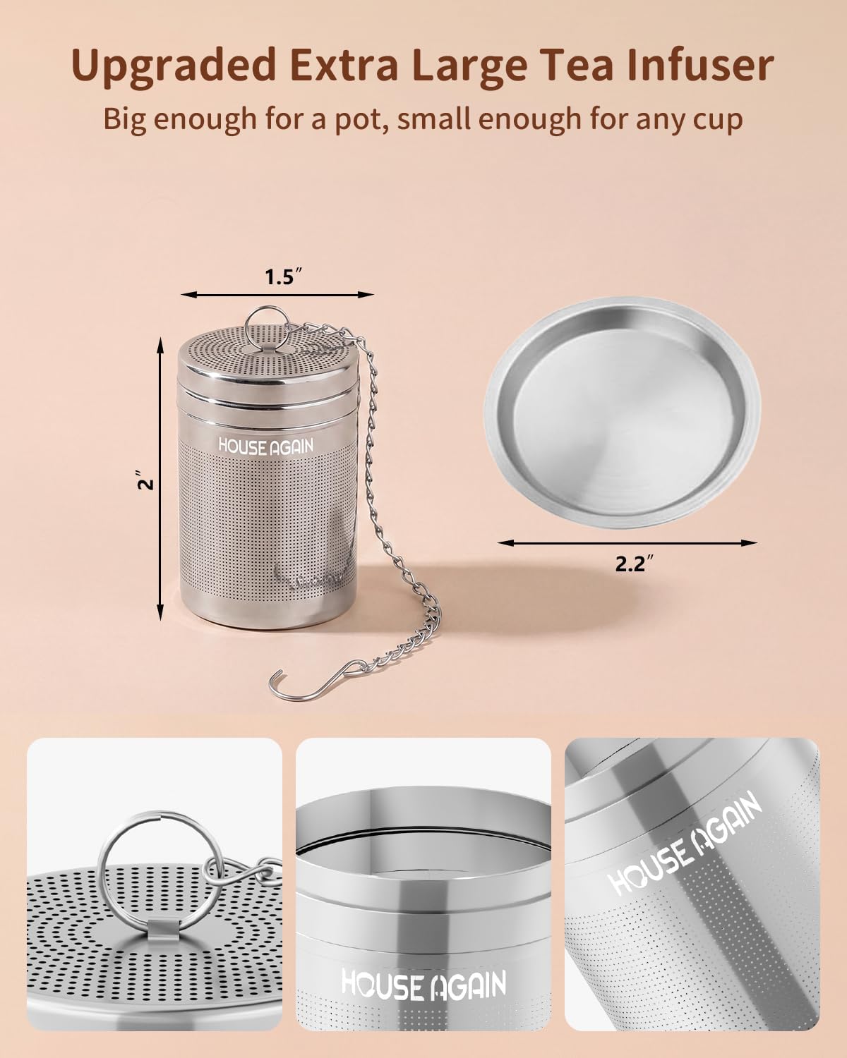 House Again Tea Infusers, Extra Fine Mesh Tea Strainers for Loose Tea, Updated Slim Threaded Lid & 304 Stainless Steel, Loose Leaf Tea Steeper for Brew Tea Spices & Seasonings
