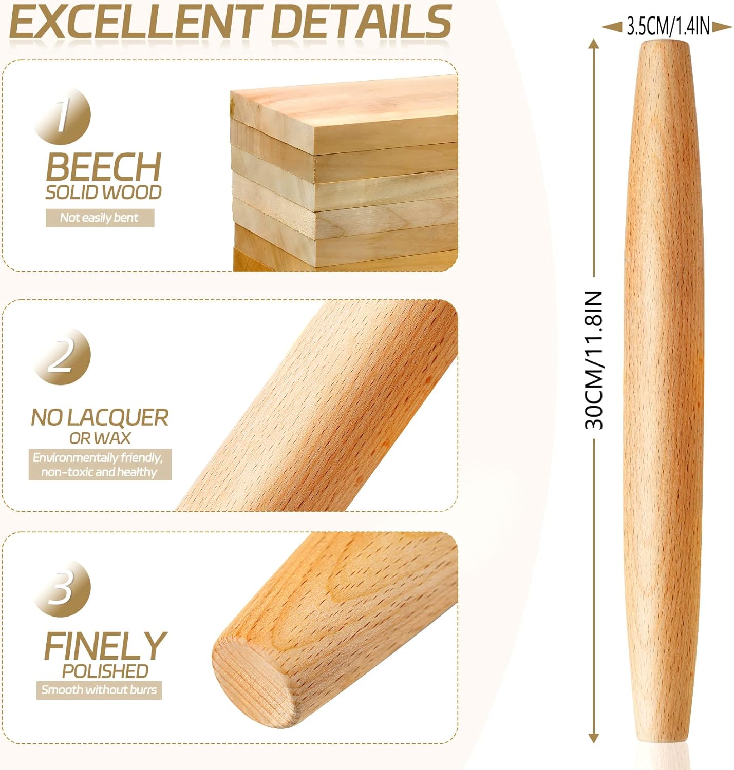 French Rolling Pin for Baking - AMPSEVEN Wooden Rolling Pin Dough Roller for Pizza Fondant Pasta Dumpling tortillas (20cm(7.9inch))