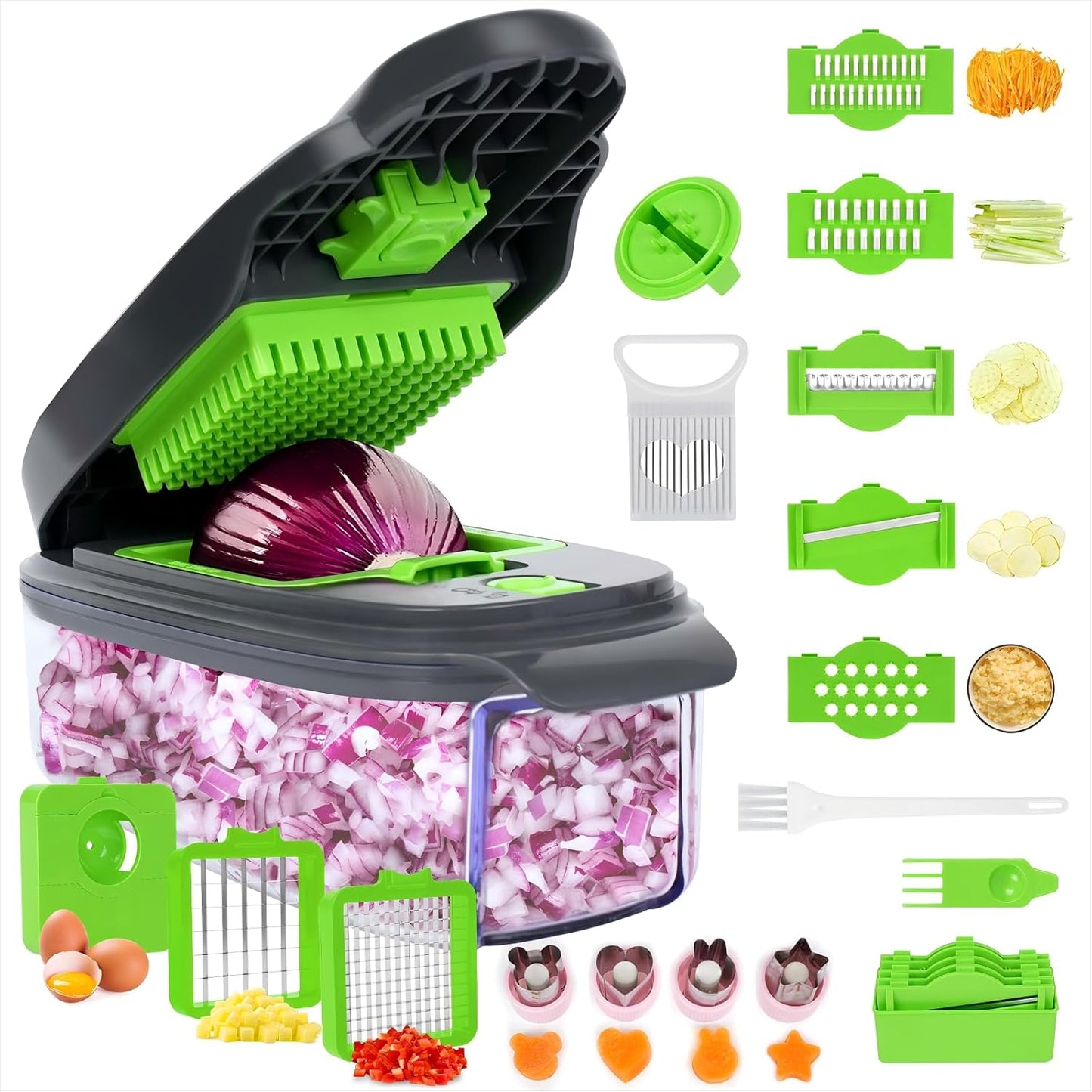 2-in-1 Vegetable Dicer, Onion Chopper with 6.7mm and 13.5mm Dicing Blades, 1.5L Food Prep Container for Salad, Potato, Tomato, Home Kitchen Meal Prep (White & Black)