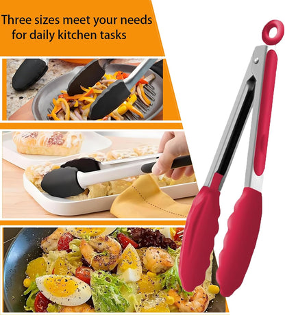 Kitchen Tongs with Silicone Tips,Tongs for Cooking Heat Resistant 600 Degrees Stainless Steel Locking Tongs,Grass Green Set of 3-7", 9" and 12"