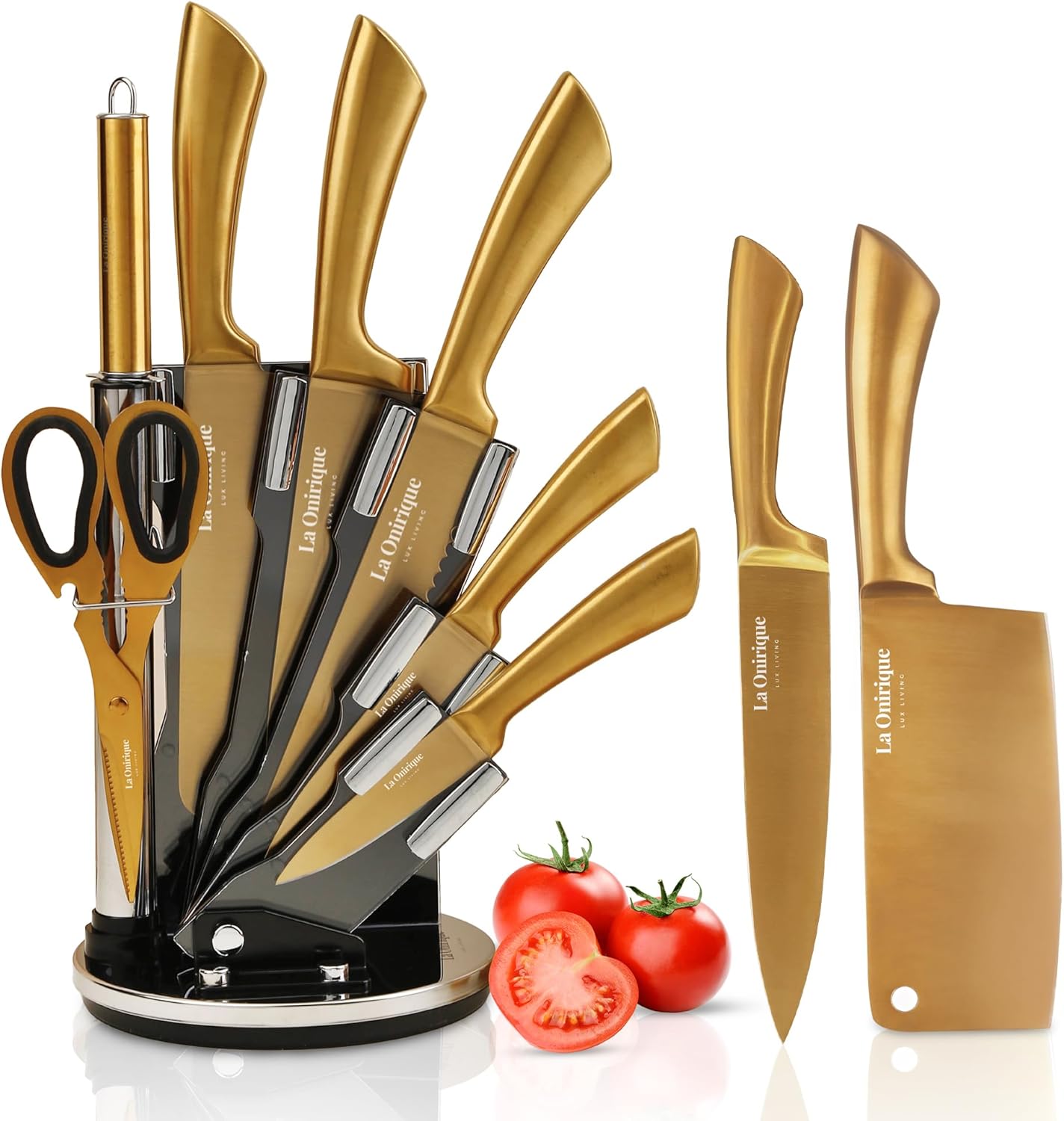 Luxury Gold Kitchen Accessories Set – Super Sharp Pizza Cutter Wheel, Garlic Press Rocker, Y Peeler, Serrated Pie & Cake Server – Premium Titanium-Coated Stainless Steel Flatware