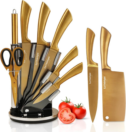 Luxury Gold Kitchen Accessories Set – Super Sharp Pizza Cutter Wheel, Garlic Press Rocker, Y Peeler, Serrated Pie & Cake Server – Premium Titanium-Coated Stainless Steel Flatware