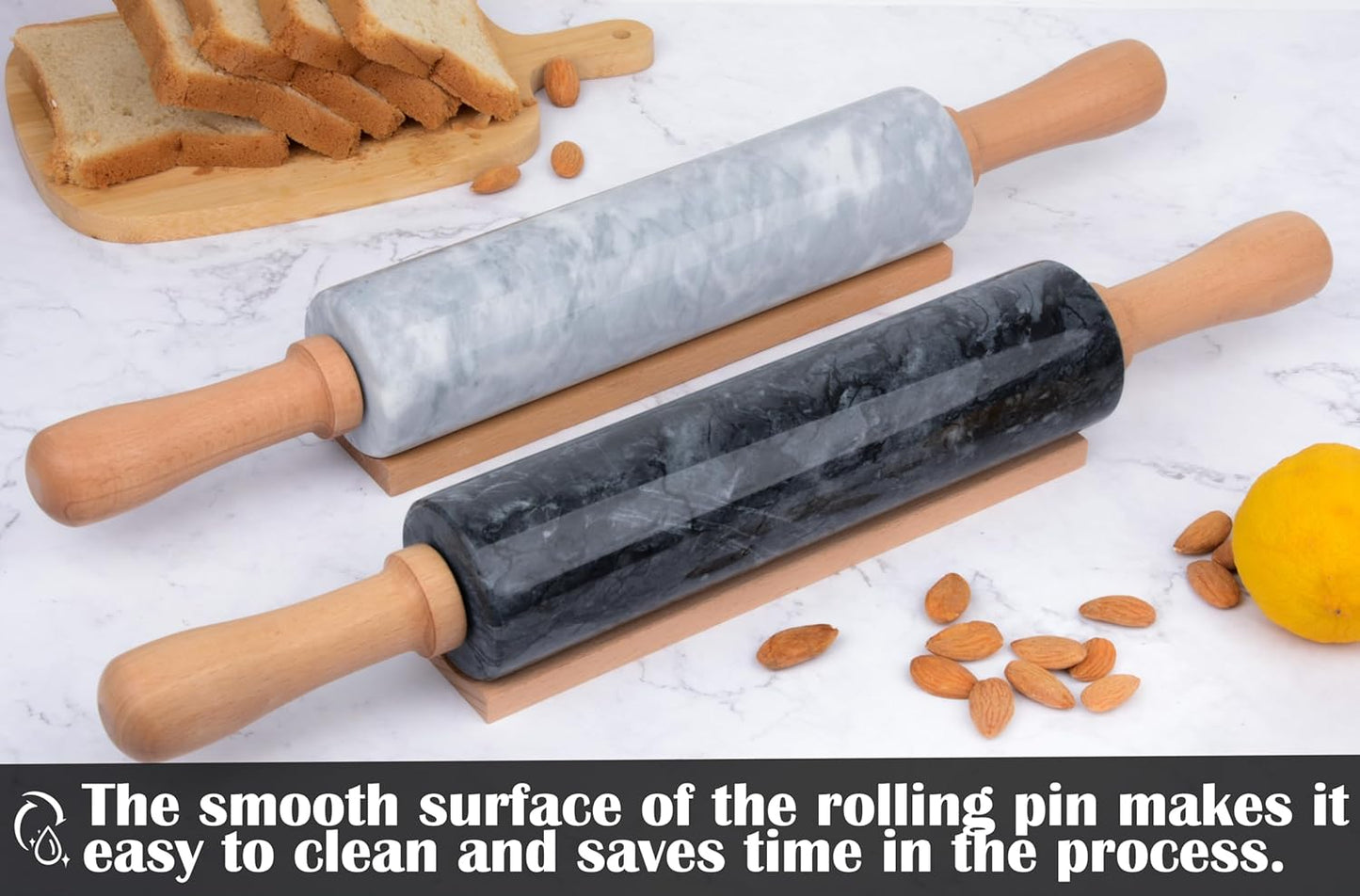 Marble Rolling Pin with Wooden Cradle Thick Handle Set for Baking,18.5 inch Premium Quality Polished Roller for Pizza Dough,Fondant,Pie Crust,Non-Stick Surface Easy to Clean(White)