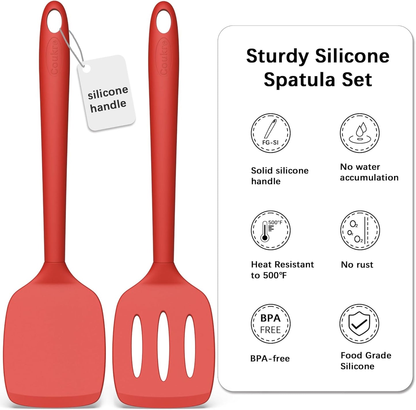 Coukre 2 Pack Silicone Spatula Set, High Heat Resistant, BPA Free Kitchen Spatula, Solid & Slotted Turner for Non-Stick Pans, Sautéing, and Flipping (2, PureBlack)
