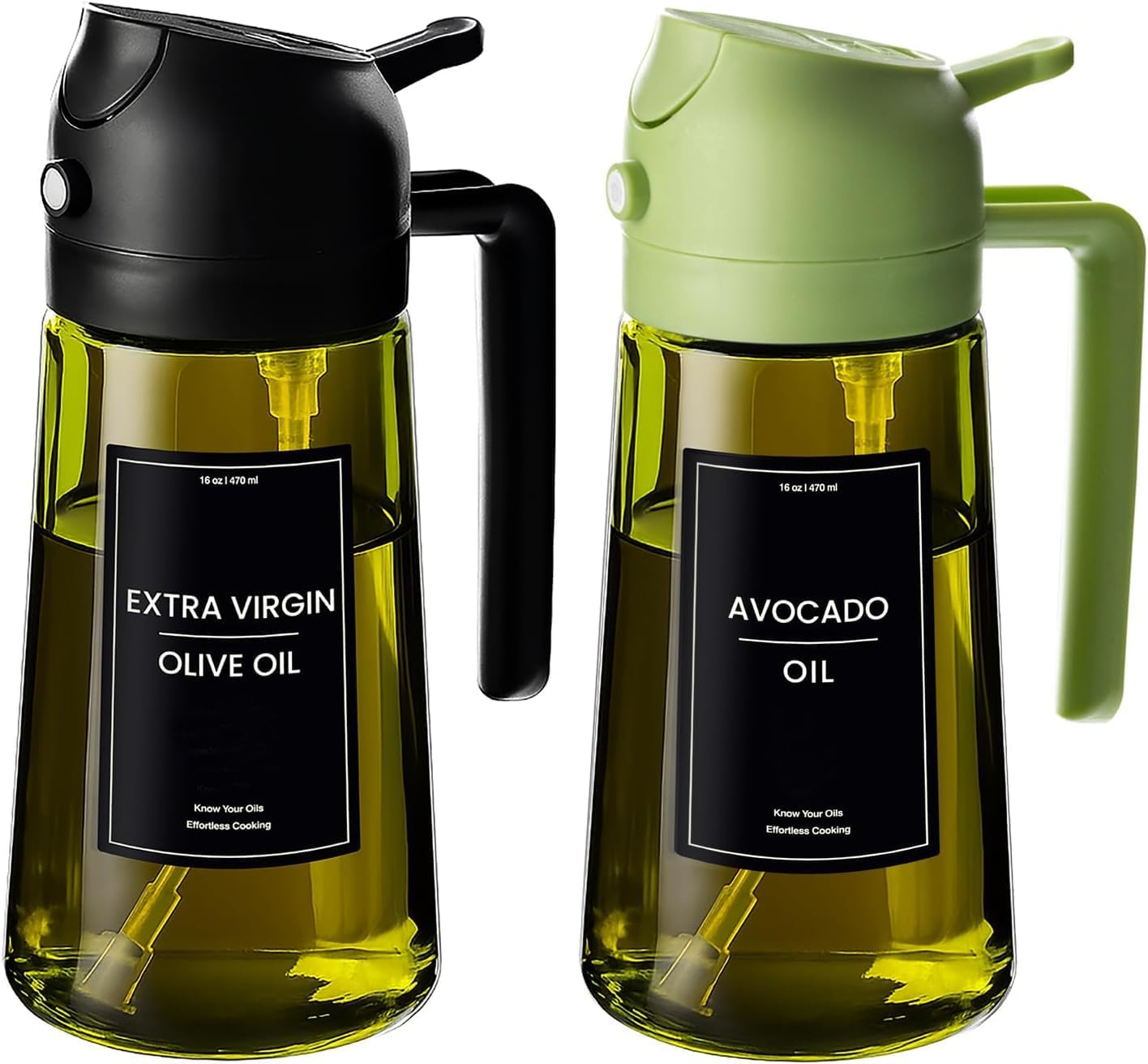 16oz/470ml Glass Olive Oil Sprayer for Cooking - 2 in 1 Olive Oil Dispenser for Kitchen Gadgets, Air Fryer, Salad, and BBQ (black)