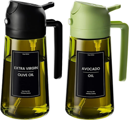 16oz/470ml Glass Olive Oil Sprayer for Cooking - 2 in 1 Olive Oil Dispenser for Kitchen Gadgets, Air Fryer, Salad, and BBQ (black)