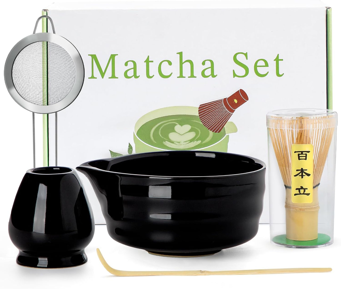 Matcha Whisk Set - 5PCS Matcha Set Includes 17OZ Chawan with Spout, Bamboo Chasen Whisk with Ceramic Holder, Matcha Scoop and Stainless Sifter, Matcha Kit for Ceremony, Gift for Matcha Lovers
