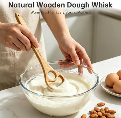Danish Dough Whisk, 2 Pack Wooden Sourdough Bread Whisk, Seamless One-Piece Premium Beech Wood Dutch Dough Whisk for Sourdough Bread, Pizza Crust, Pastry, Pasta, Easy to Clean & Store