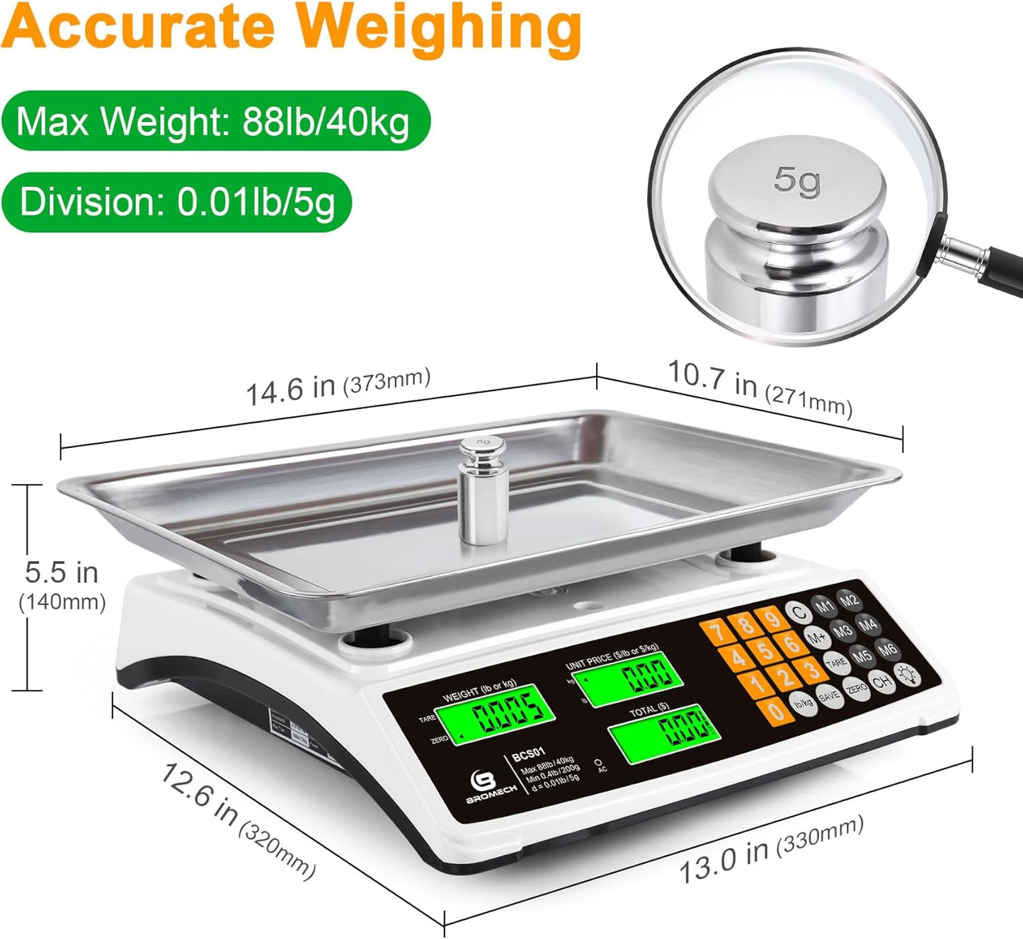 Price Computing Scale 88lb/40kg Commercial Food Scale for Produce Meat with Stainless Steel Large Platform, LCD Display, and Green Bright Backlight for Farmers Markets, Deli, （Not for Trade）