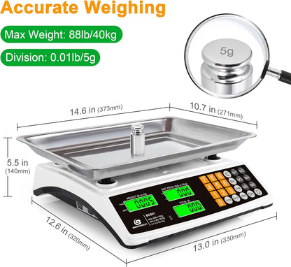 Price Computing Scale 88lb/40kg Commercial Food Scale for Produce Meat with Stainless Steel Large Platform, LCD Display, and Green Bright Backlight for Farmers Markets, Deli, （Not for Trade）