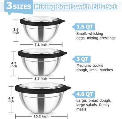 TeamFar Mixing Bowls with Lids, 4.5/3/1.5 QT Stainless Steel Nesting Salad Bowls with Airtight Lids, For Serving/Mixing/Storing/Prepping, Healthy & Sturdy, Visible & Easy Clean, Khaki, Set of 3