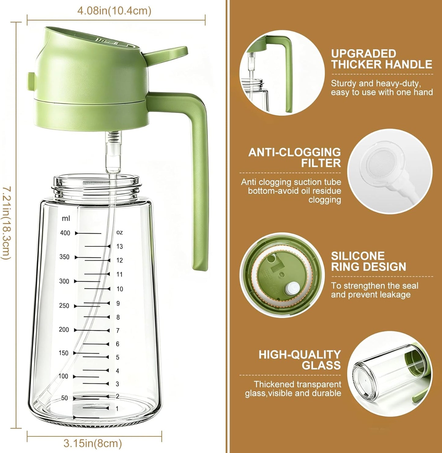 Poshetion 2 in 1 Olive Oil Sprayer for Cooking, 16oz Light-Proof Oil Dispenser for Kitchen, Leak-Proof Oil Spray Bottle for Air Fryer, Salad, BBQ, Baking, Grilling - Black & Green
