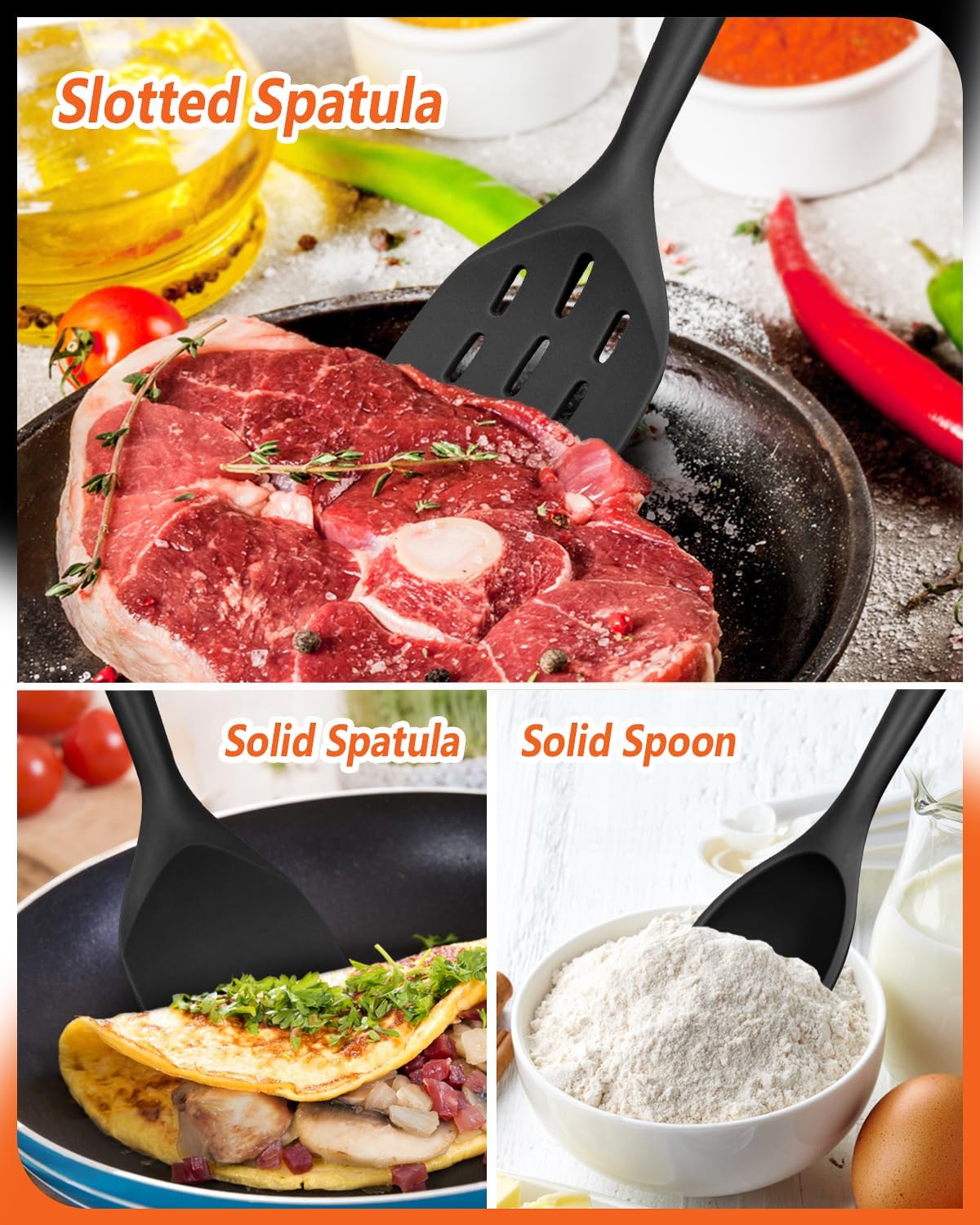 Badiano Pack of 3 Silicone Spatula, Non Stick Cooking Utensil Set, Wooden Handle Kitchen Turner for Baking Mixing Grilling Serving Food Heat Resistant, Black