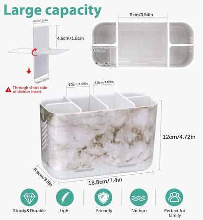 Boperzi Toothbrush and Toothpaste Holder Drainage for Bathroom Countertop with Adjustable Dividers, Large Toothpaste Caddy Organizer Storage Rustic Decor Set Anti-Slip for Shower,Family,Kids Gray
