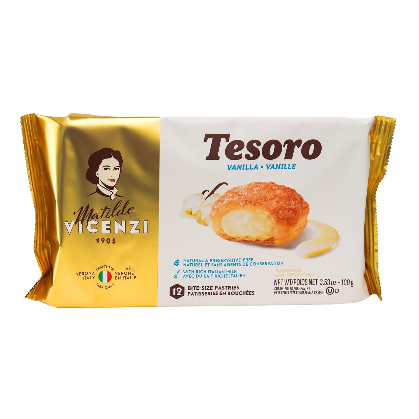 Tesoro Raspberry Filling by Pasticceria Matilde Vicenzi, Raspberry Cream Filled Puff Pastry Patisserie, Kosher Dairy, Made in Italy, 3.17oz (90g), 4-Pack
