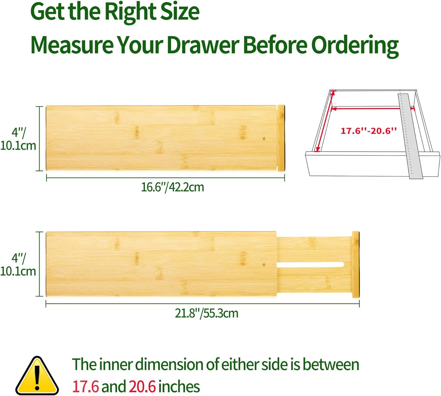 VaeFae 6-Pack Adjustable Bamboo Drawer Dividers, Expandable Drawer Organizer for Kitchen Utensils, Clothes, Bathroom, Office – Fits Drawer Interiors 16.6" to 21.8"