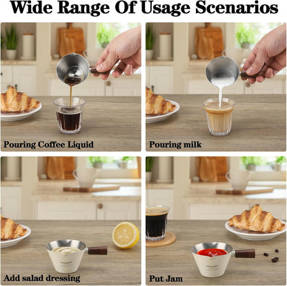 Mongdio Espresso Measuring Cup, Stainless Steel Espresso Shot Cups with Wooden Handle and Double Spouts, 6.8OZ/200ML, White