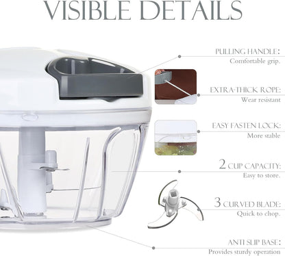 Ourokhome Manual Food Processor Vegetable Chopper, Portable Hand Pull String Garlic Mincer Onion Cutter for Veggies, Ginger, Fruits, Nuts, Herbs, etc., 500ml, Deep Blue