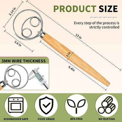 Danish Dough Whisk Stainless Steel Dough Hook Dutch Whisk for Sourdough Bread Dough Mixer Hand Wooden Handle Kitchen Whisking Mixing Tool Bread Making Tools and Supplies (2 eyes)