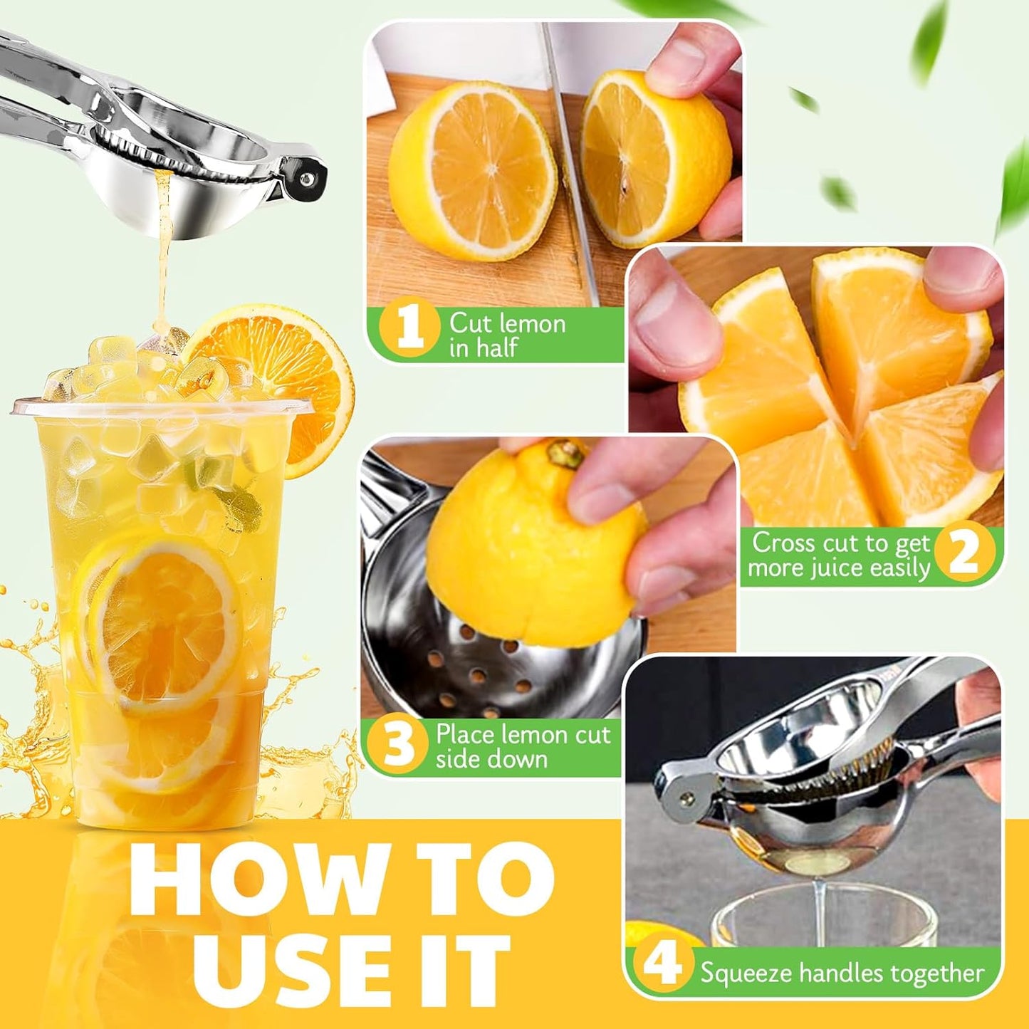 Lemon Squeezer Large, Lemon Squeezer Juicer Stainless Steel, Heavy Duty Manual Citrus Juicer Hand Press, Kitchen Tools Lime Squeezer Bar Tool, Easy to Clean Metal Lemon Hand Press