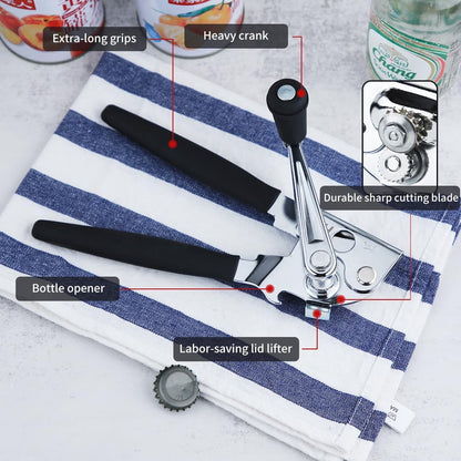 JPH Commercial Can Opener Manual Heavy Duty - Easy to Use with Comfortable Easy Crank Handle - Swing Grip Design, Hand Can Opener, Includes Built in Bottle Opener (Extra Large) (black)