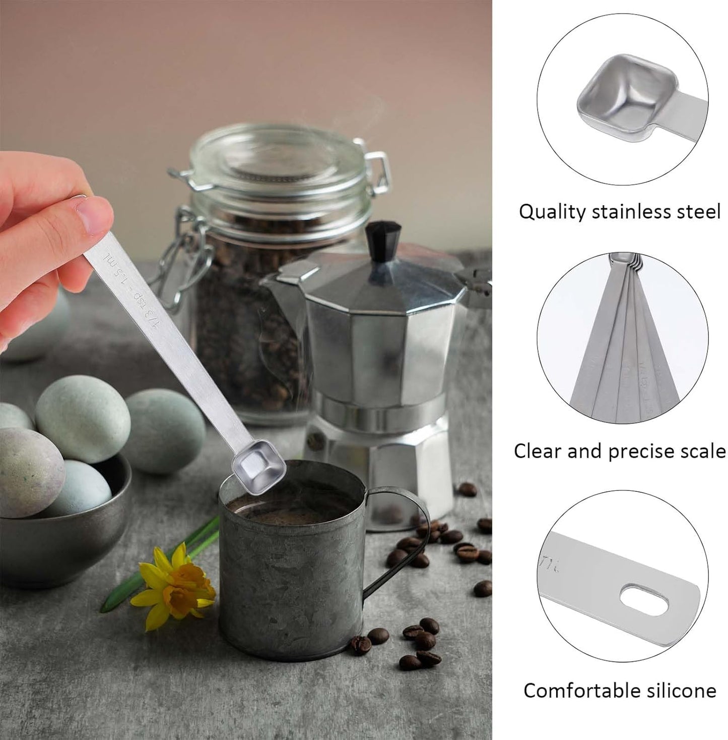 Stainless Steel Measuring Spoons Set - 5 Pcs, 1/3, 1/4, 3/6, 1/8, 1/16 Tsp