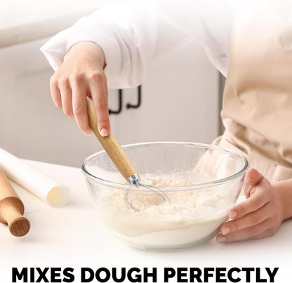 Zulay Kitchen 13-Inch Danish Dough Whisk - Stainless Steel Wooden Whisk with Dough Hook - Sourdough Whisk for Bread, Pizza, Pastry, Cake Batter & More - Wood