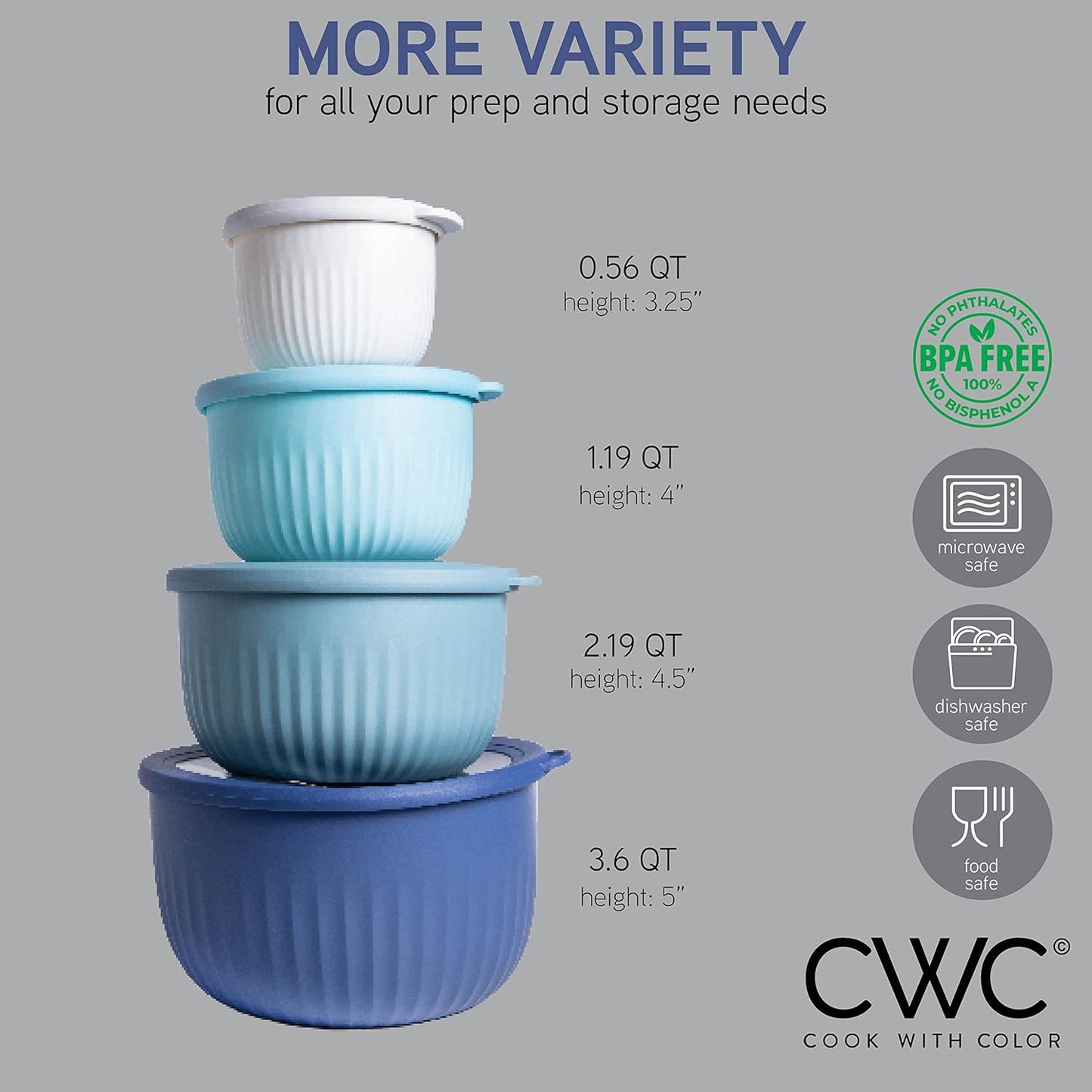 COOK WITH COLOR Prep Bowls with Lids- Wide and Deep Nesting Plastic Small Mixing Bowl Set with Lids, 8 Piece Set - Wide Bowls, Blue
