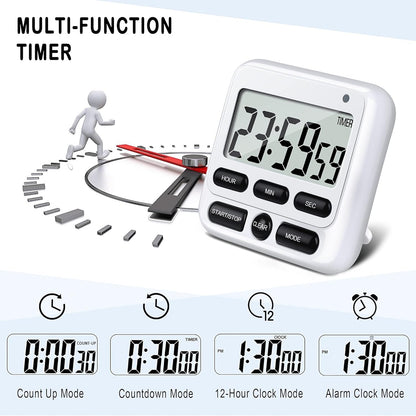 KTKUDY Digital Kitchen Timer with Mute/Loud Alarm Switch ON/Off Switch, 12-Hour Clock & Alarm, Memory Function Count Up & Count Down for Kids Teachers Cooking, Large LCD Display, Strong Magnet (Black)