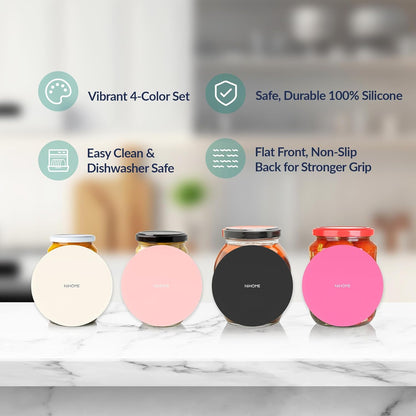 NIHOME Silicone Jar Opener – 6 Inch Large Anti-Slip Grip Pads, Premium 100% Food-Grade Silicone, Stylish Designer Colors, Multi-Purpose Heat-Resistant Mat & Coaster, Set of 4