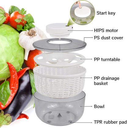 Electric Salad Spinner,6L Large Capacity Automatic Vegetables Fruit Washer Dryer Drainer Strainer,USB Charge Lettuce Spinner Cleaner with 350 ml Squeeze Bottle for Home Kitchen