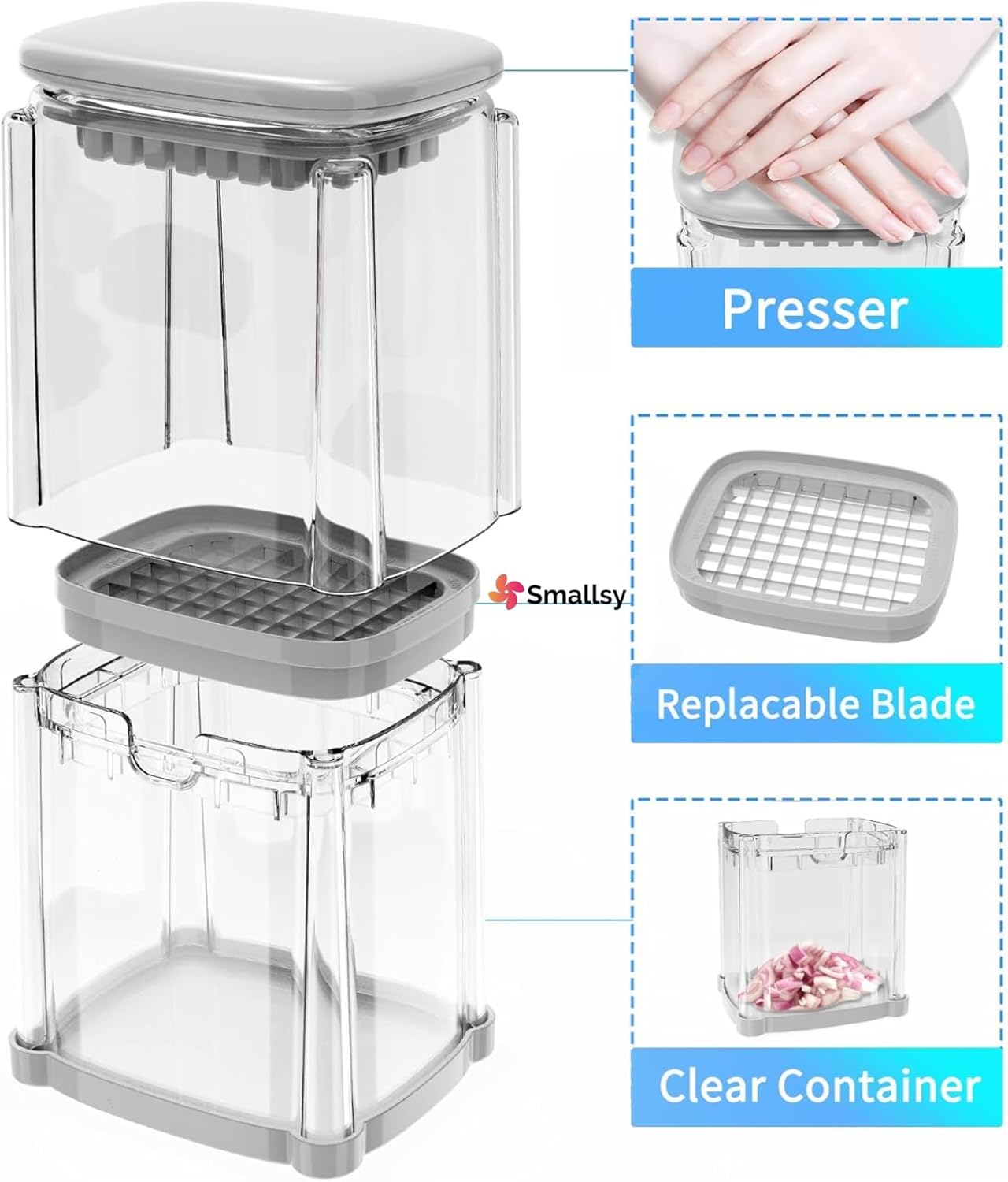 4-in-1 French Fry Cutter, Vegetable Chopper, Manual Potato Cutter for Fries, Food Dicer Chop Box, Onion Cutter Apple Slicer with 4 Stainless Steel Blades, ABS Plastic Material for Kitchen