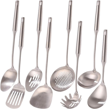 18/10 Stainless Steel Kitchen Utensils Set - 15” All Metal Cooking Tools, 11PCS - 2 Tongs, Fork, Solid Spoon, Slotted Spoon, Spatula, Soup Ladle, Skimmer, Slotted Spatula, Spaghetti Spoon, Large Spoon