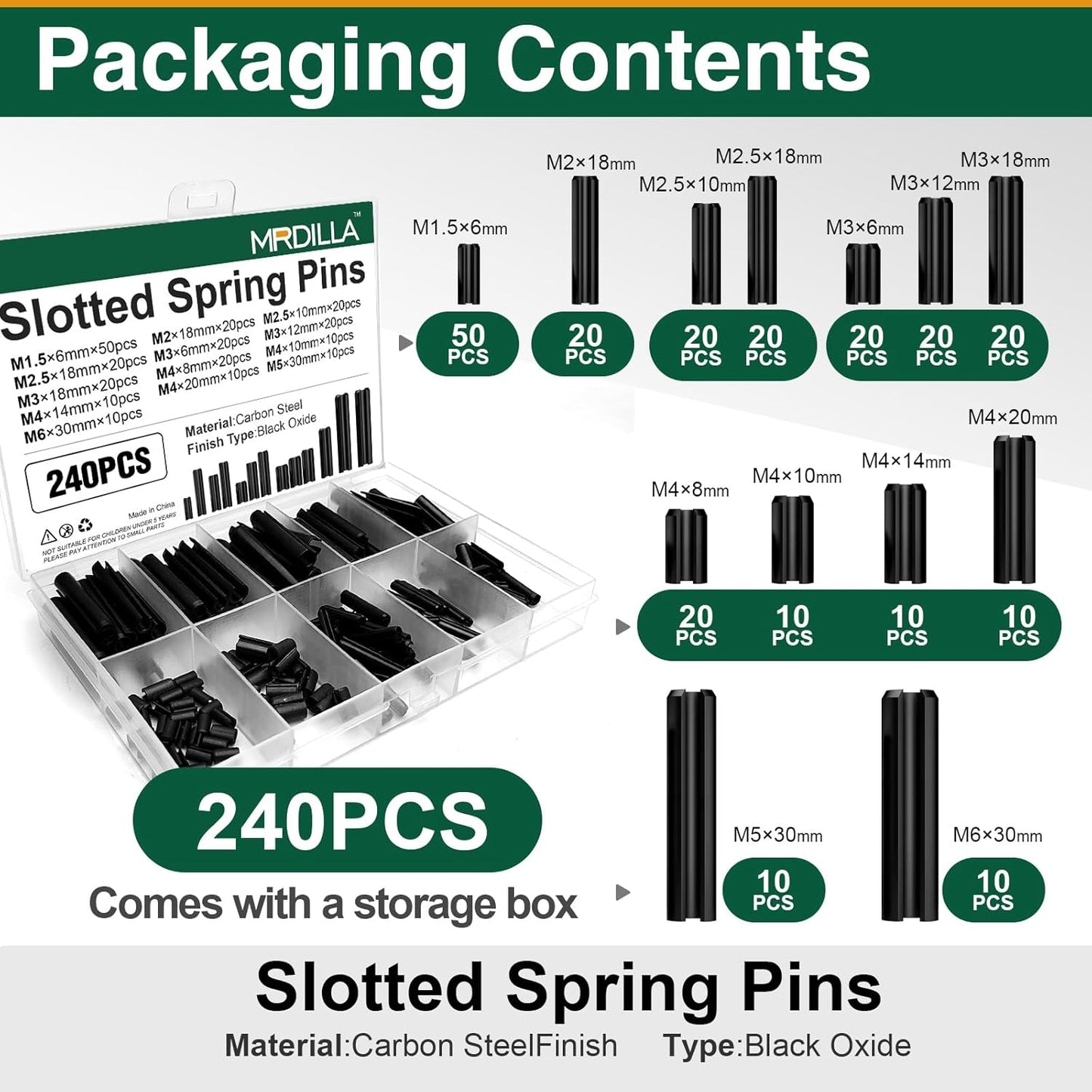 Mrdilla 460 Pcs Roll Pin Assortment, Metric Slotted Spring Pins, M1.5 M2 M2.5 M3 M4 M5 M6