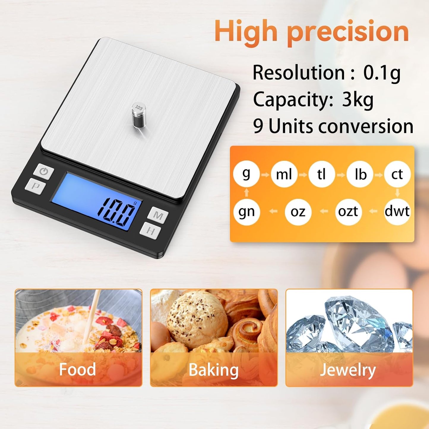 BOMATA 0.01g Small Digital Gram Scale, USB Rechargeable, Upgraded 1kg Jewelry Scale with Larger Display and Hold Function, High Precision, Grams and oz for Herb, Coin, Powder, Yeast, Kitchen Black