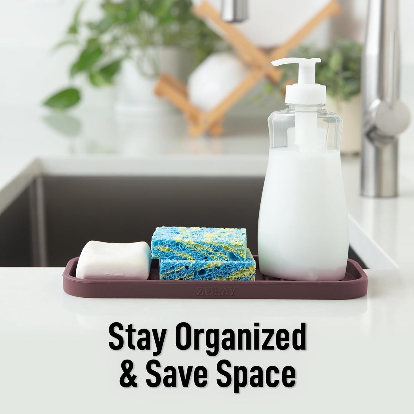 Zulay Kitchen (9x3.5in Sponge Holder for Kitchen Sink - Flexible Heavy-duty Multipurpose Sink Caddy - Counter Organizer for Kitchen, Bathroom, Makeup, Trinkets & More! (Grey)