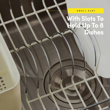 Dish Drying Rack & Cutlery Holder 2 Piece Set - Compact Sink-Fitting Dish Drainer with Rubberized Undercoating, Space-Saving Kitchen Organizer for Plates, Cups, Bowls & Utensils in Sink, Silver