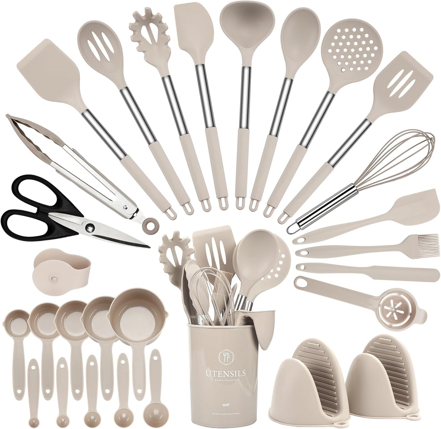 Hvygss 28 Pcs Silicone Cooking Utensils Set with Stainless Steel Handle, 446℉ Heat-Resistant Kitchen Utensils Set with Holder, Dishwasher Washable Silicone Spatula for Non-stick Cookware (Khaki)