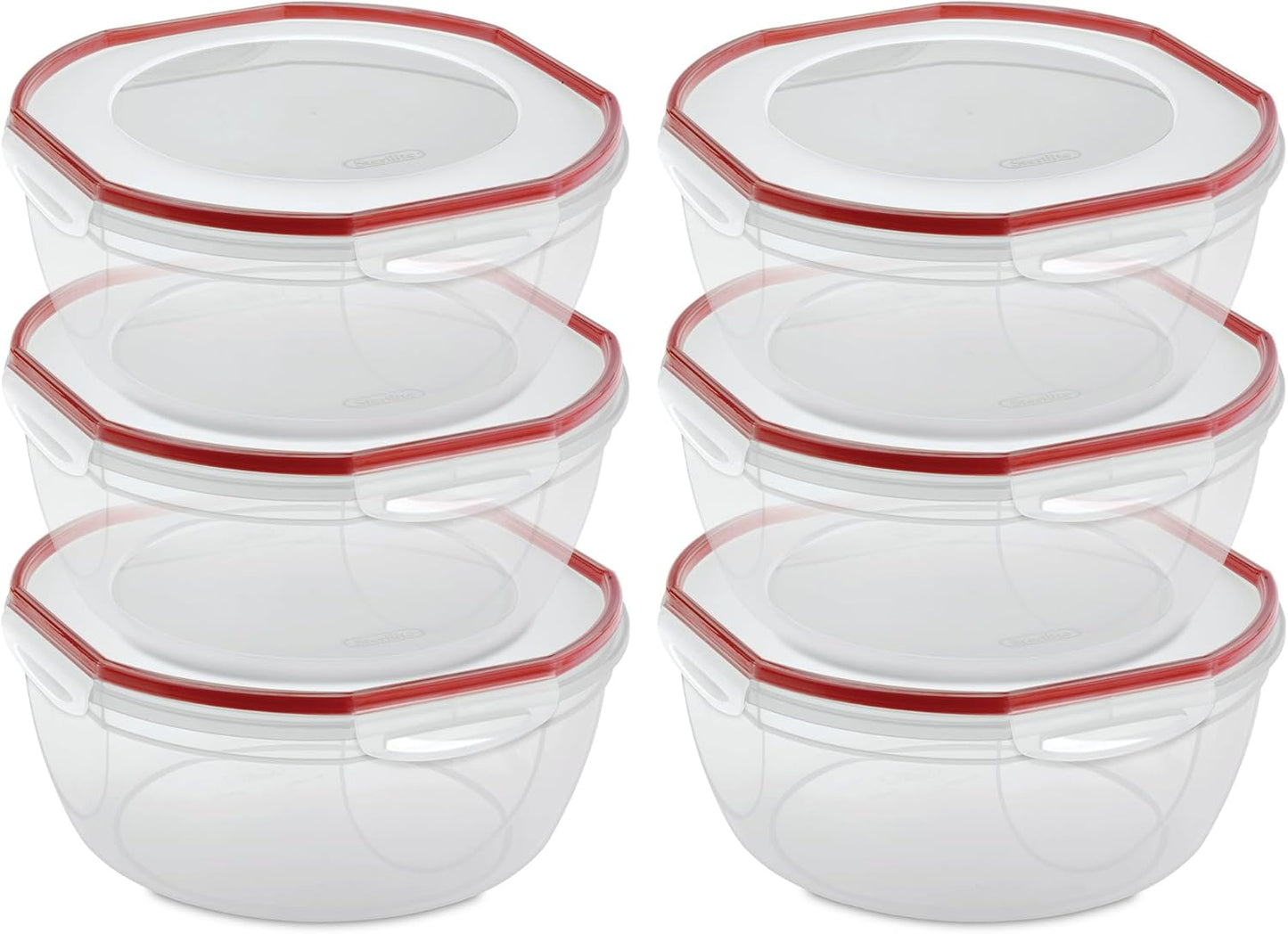 Sterilite Ultra-Seal 8.1 Qt Bowl, Large Airtight Food Storage Container, Latching Lid, Microwave and Dishwasher Safe, Clear With Red Gasket, 2-Pack