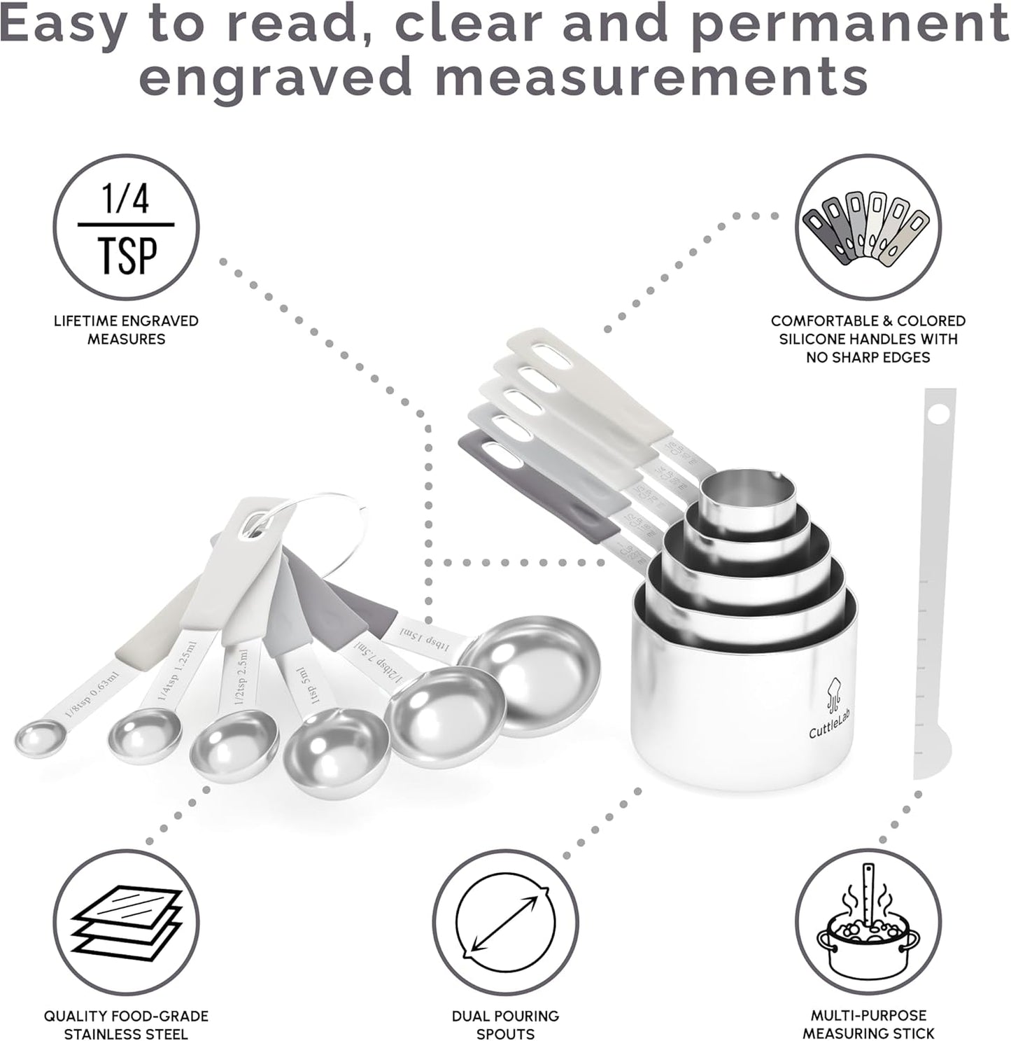 CuttleLab Measuring Cups and Measuring Spoons Set of 14 - Stainless Steel Measuring Cups and Spoons Set, Includes 1/8 Teaspoon Measuring Spoon, 1/8 Cup Measuring Cup, Leveler Dry (14, Country Chic)
