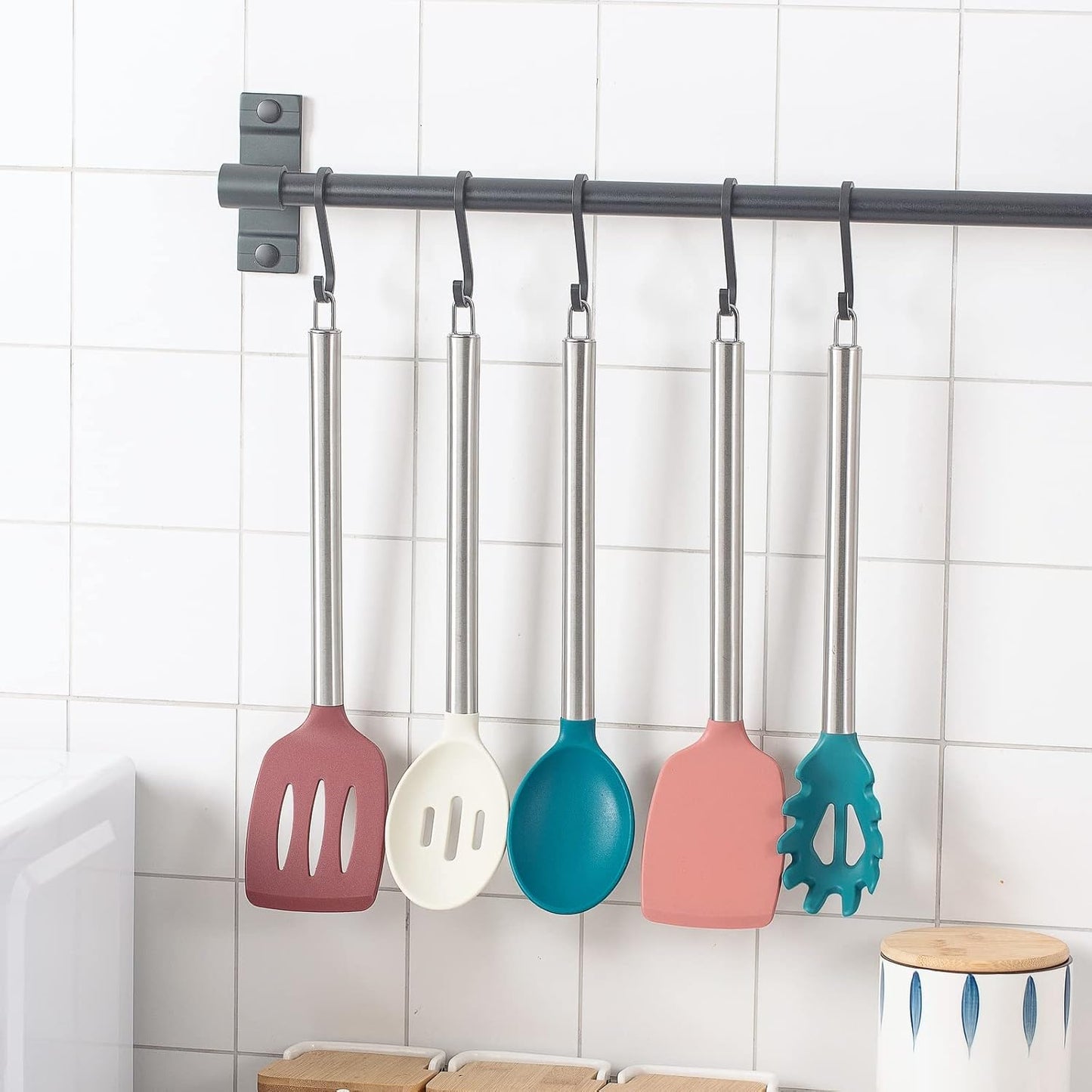 COOK WITH COLOR Silicone Cooking Utensils, Kitchen Utensil Set, Easy to Clean Silicone Kitchen Utensils, Cooking Utensils for Nonstick Cookware, Kitchen Gadgets Set, 10 Pieces, Green