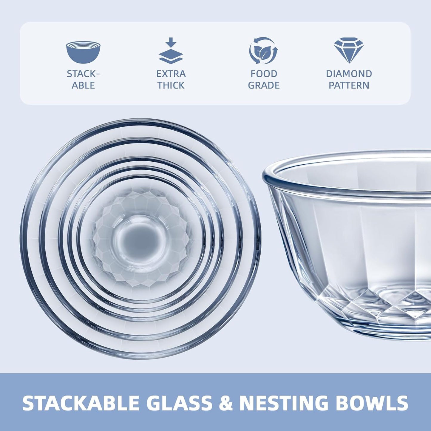 WhiteRhino Glass Mixing Bowls Glass Bowls with Lids Set(4.5QT,2.7QT, 1.1QT),Large Salad Bowls,glass mixing bowl Space-Saving Nesting Storage bowls for Cooking,Baking,Prepping,Dishwasher Safe