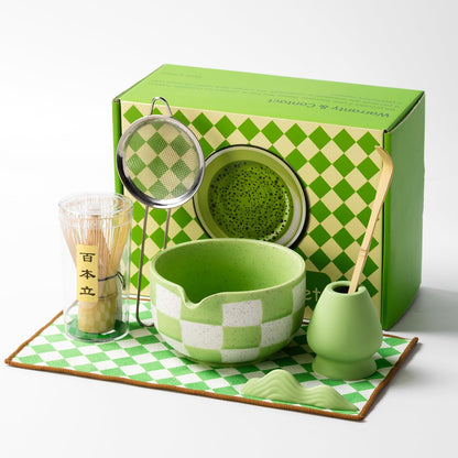 Premium 7-Piece Matcha Tea Set – Traditional Japanese Style with Elegant Grid Pattern, Includes Bamboo Whisk, Ceramic Bowl, Scoop & More – Perfect for Matcha Lovers & Tea Ceremony (Orange grid)