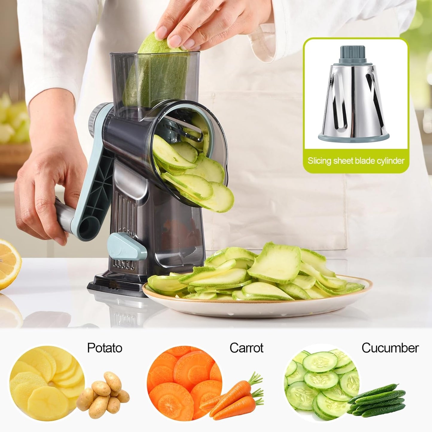 Rotary Cheese Grater 3-in-1 and Shredder with Hand Crank - for Cheese, Vegetables & Nuts, Non-Slip Suction Cup Base, Food Grade, Black