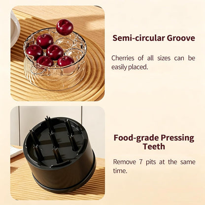 Cherry Pitter Tool, Multi Cherry Seed Remover Pits 7 Cherries at Once, Food-Grade Cherry Core Remover with Splash Guard Container, for Jam, Dessert, Baking (White)