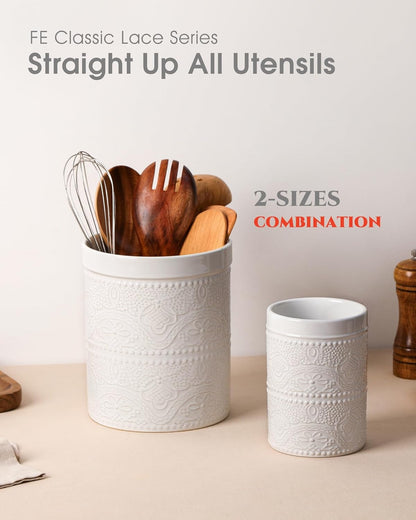 FUN ELEMENTS Kitchen Utensil Holder, 7.2" Super Large Utensil Crock Heavy and Stable Lace Emboss Ceramic Utensil Holder for Kitchen Counter (Bright White)