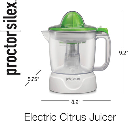 Proctor Silex Electric Citrus Juicer Machine, Large 34 oz. Pitcher, Pressure Activated, 2 Reamers for Big and Small Fruit, Pulp Control, for Orange, Lemon, Grapefruit Juice, White & Green (66340)
