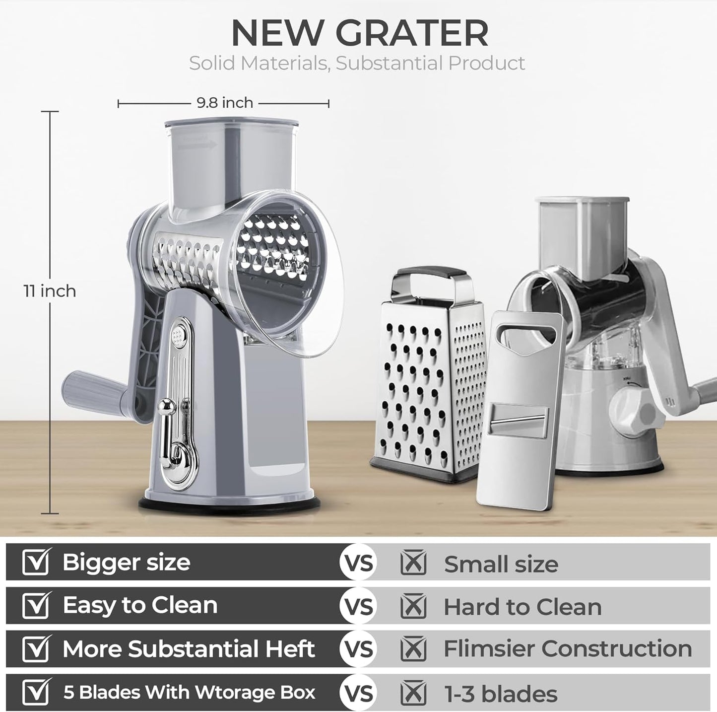 SUSTEAS Rotary Cheese Grater with Handle - Vegetable Shredder with 5 Well-designed Blades & Strong Suction Base,Round Mandoline Slicer & Food Chopper for Kitchen,with Blade Storage Box(Beige)