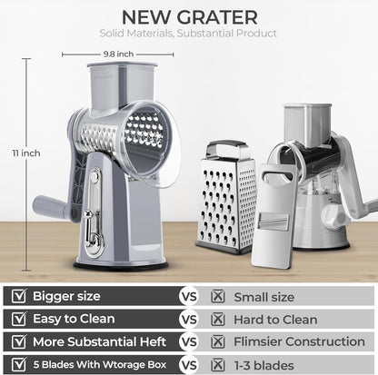 SUSTEAS Rotary Cheese Grater with Handle - Vegetable Shredder with 5 Well-designed Blades & Strong Suction Base,Round Mandoline Slicer & Food Chopper for Kitchen,with Blade Storage Box(Beige)